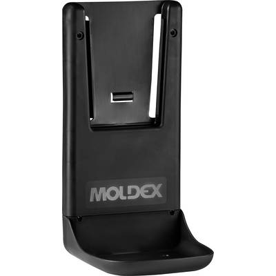 A black wall-mounted holder with a 'MOLDEX' logo, designed to hold or dispense an item, featuring a slot and a curved base for support.