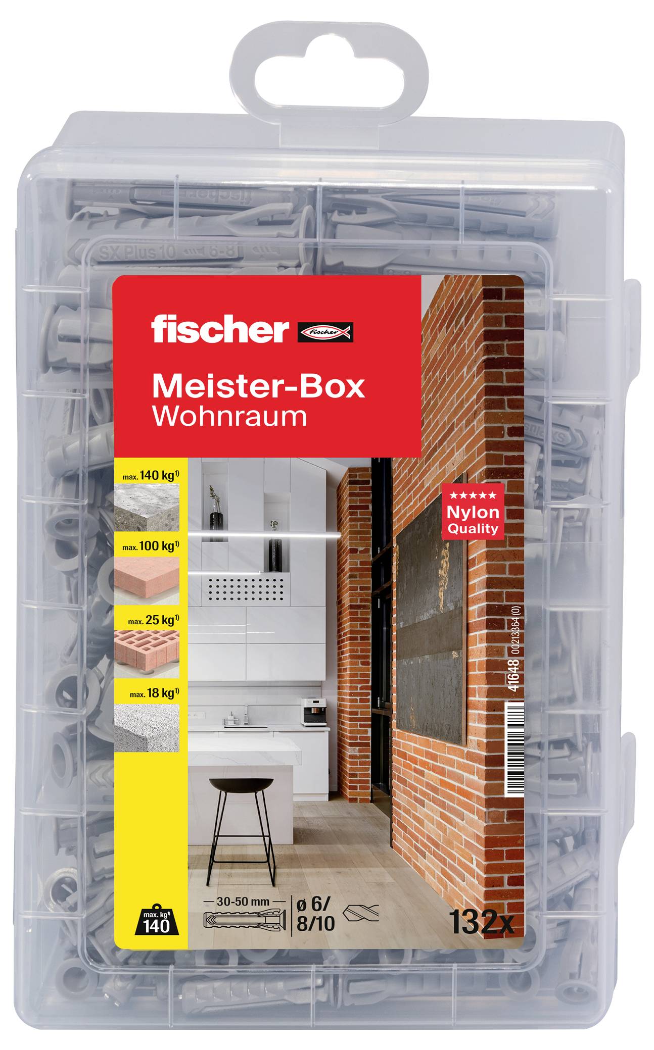 Fischer Plastic Box containing 132 wall plugs, suitable for living spaces. Includes wall plug sizes from 6 to 10 mm, nylon quality, maximum load up to 140 kg.