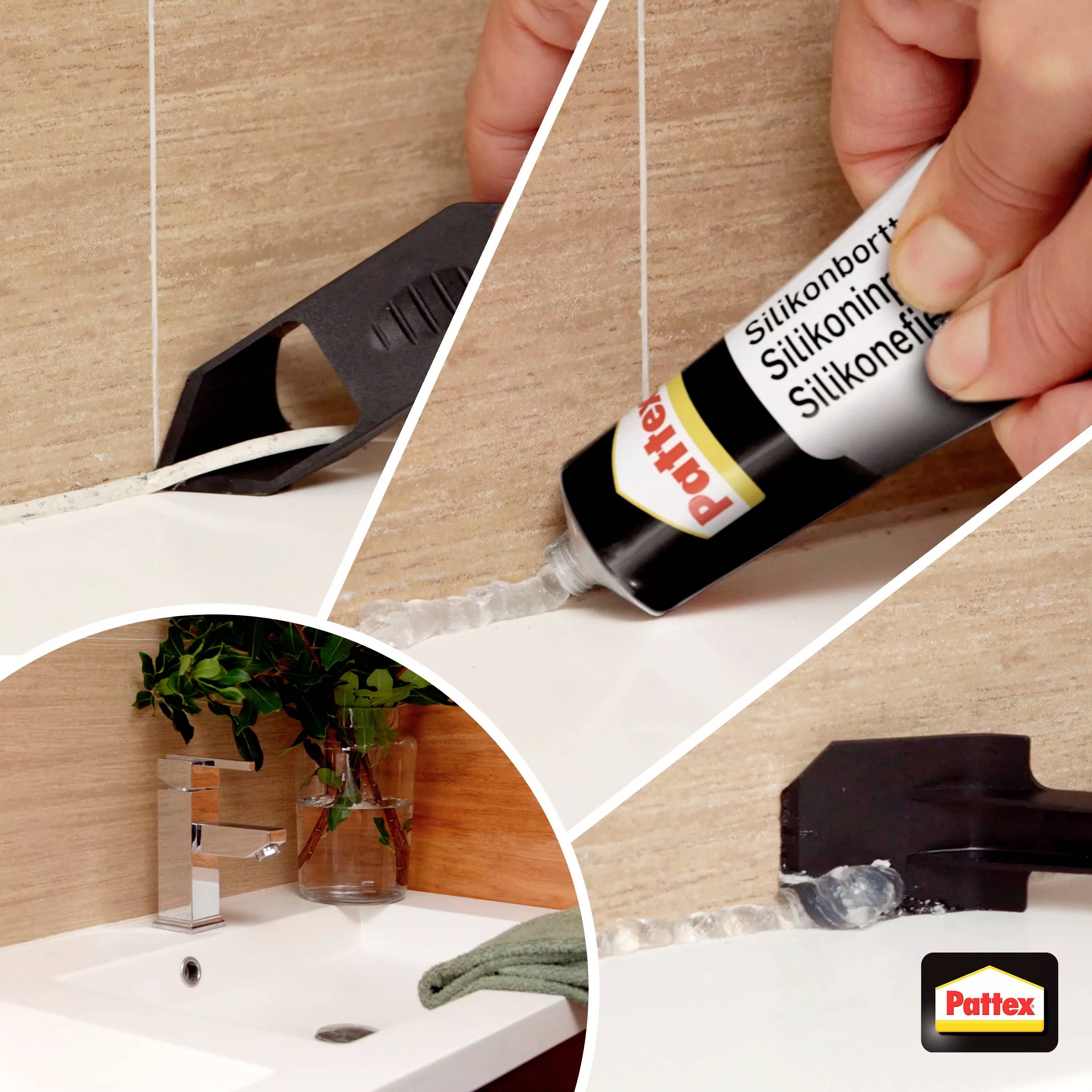 A person is applying Pattex silicone to a bathroom tile to seal the joints. A clean sink area is visible in the background.