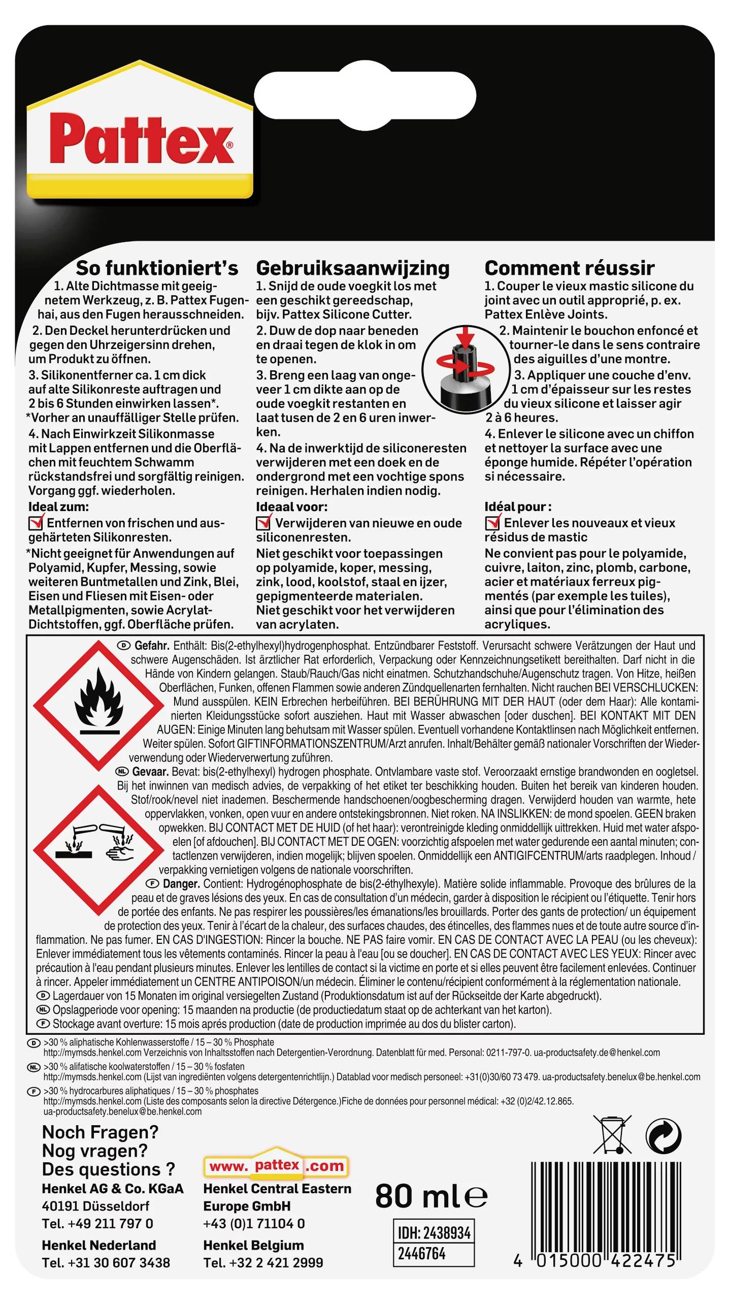 Back of an adhesive packaging with instructions in multiple languages, safety warnings, hazard symbols, and contact information.
