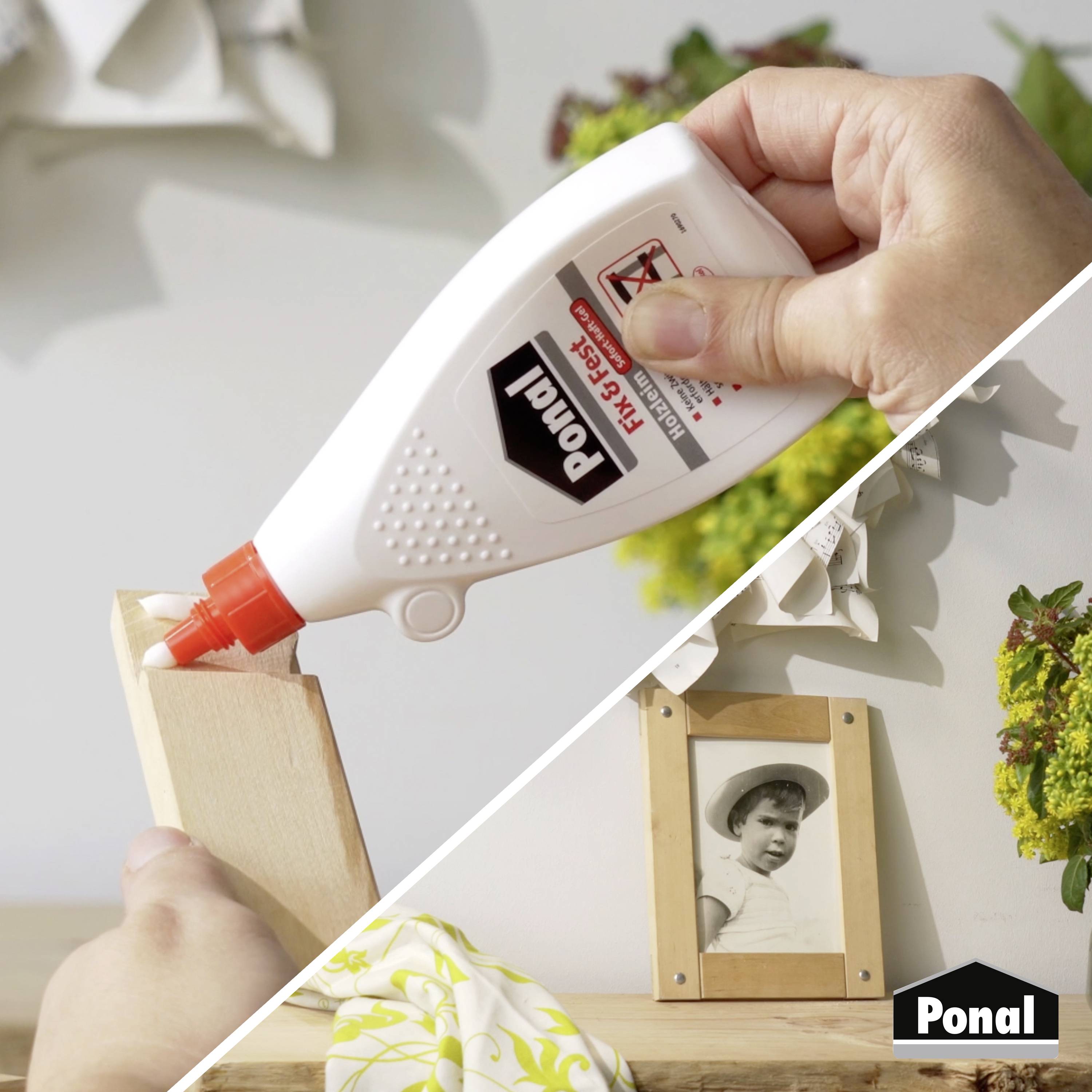 A person applies glue to a piece of wood with a wall in the background displaying a framed photo and plant decoration.