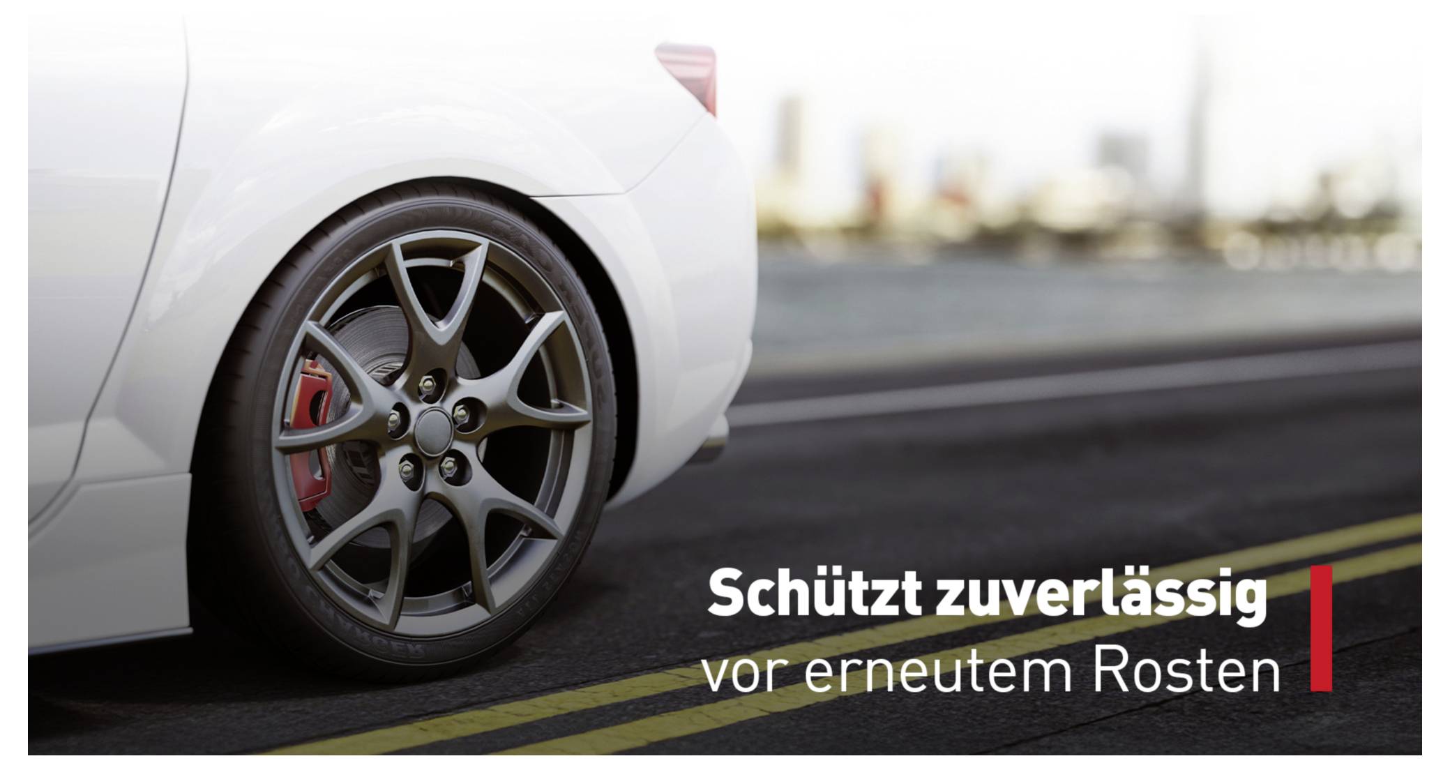 A white car is parked on the street. Text: 'Reliably protects against recurrent rusting.'