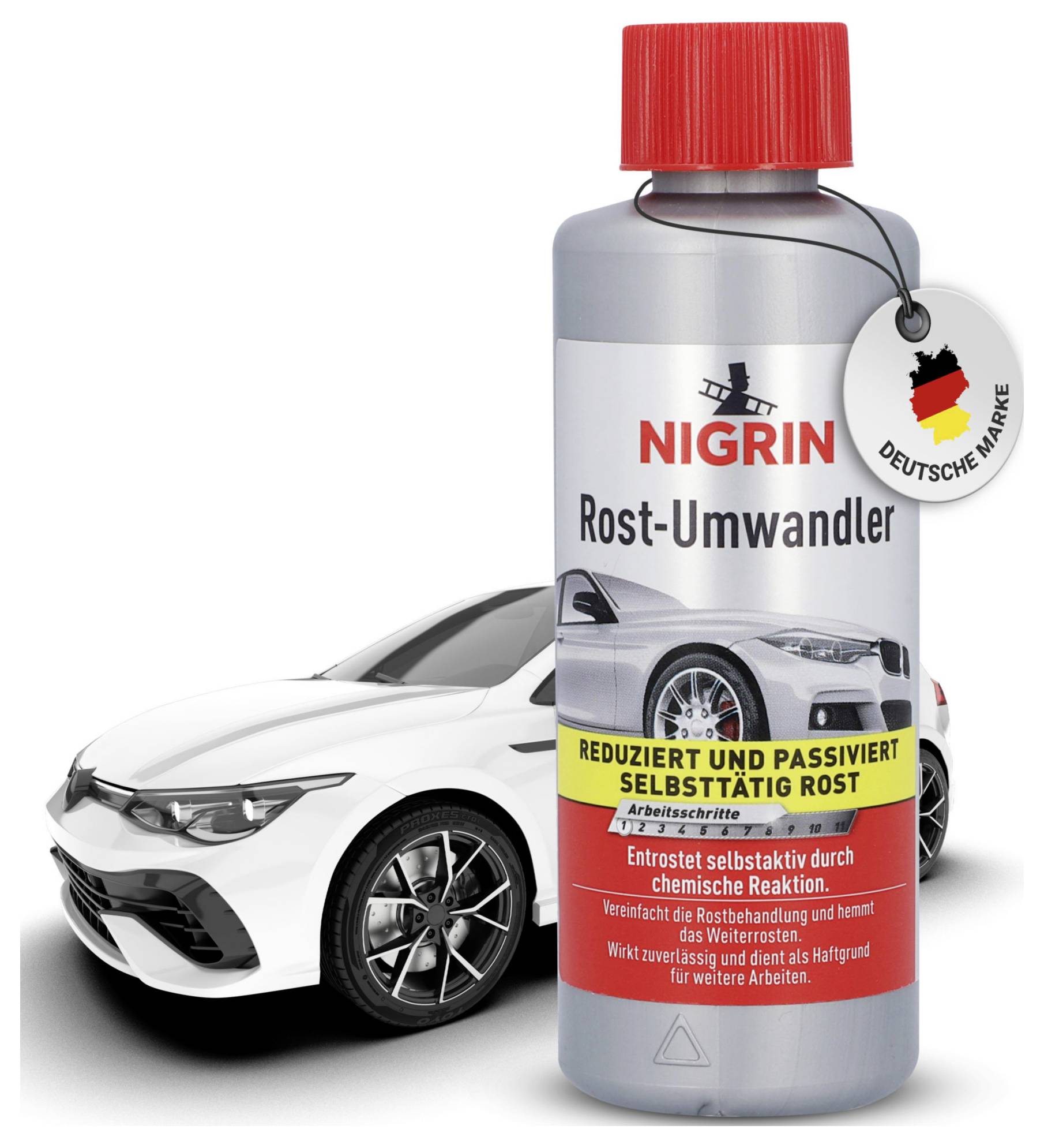 Bottle of Nigrin Rust Converter in front of a white car, text reading 'Automatically reduces and passivates rust', German brand.