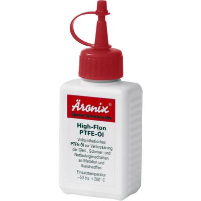 Bottle with red cap contains Aronix High-Flon PTFE oil, a synthetic lubricant for metals and plastics. Temperature range: -50 to +200°C.