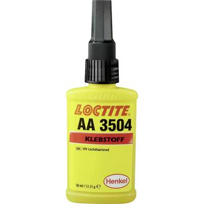Yellow Loctite AA 3504 adhesive bottle with black nozzle cap on a white background.