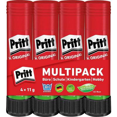 Four red and black Pritt glue sticks in a multipack. Packaging reads 'MULTIPACK', suitable for 'Büro', 'Schule', 'Kindergarten', 'Hobby'.