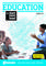 A teacher is speaking to three pupils. Educational and technology symbols are in the background. Text 'Education 2020/21'.