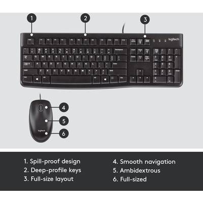 'Black Logitech keyboard and mouse. Features: splash-proof, deep key profile, smooth navigation, suitable for left- and right-handed users.'