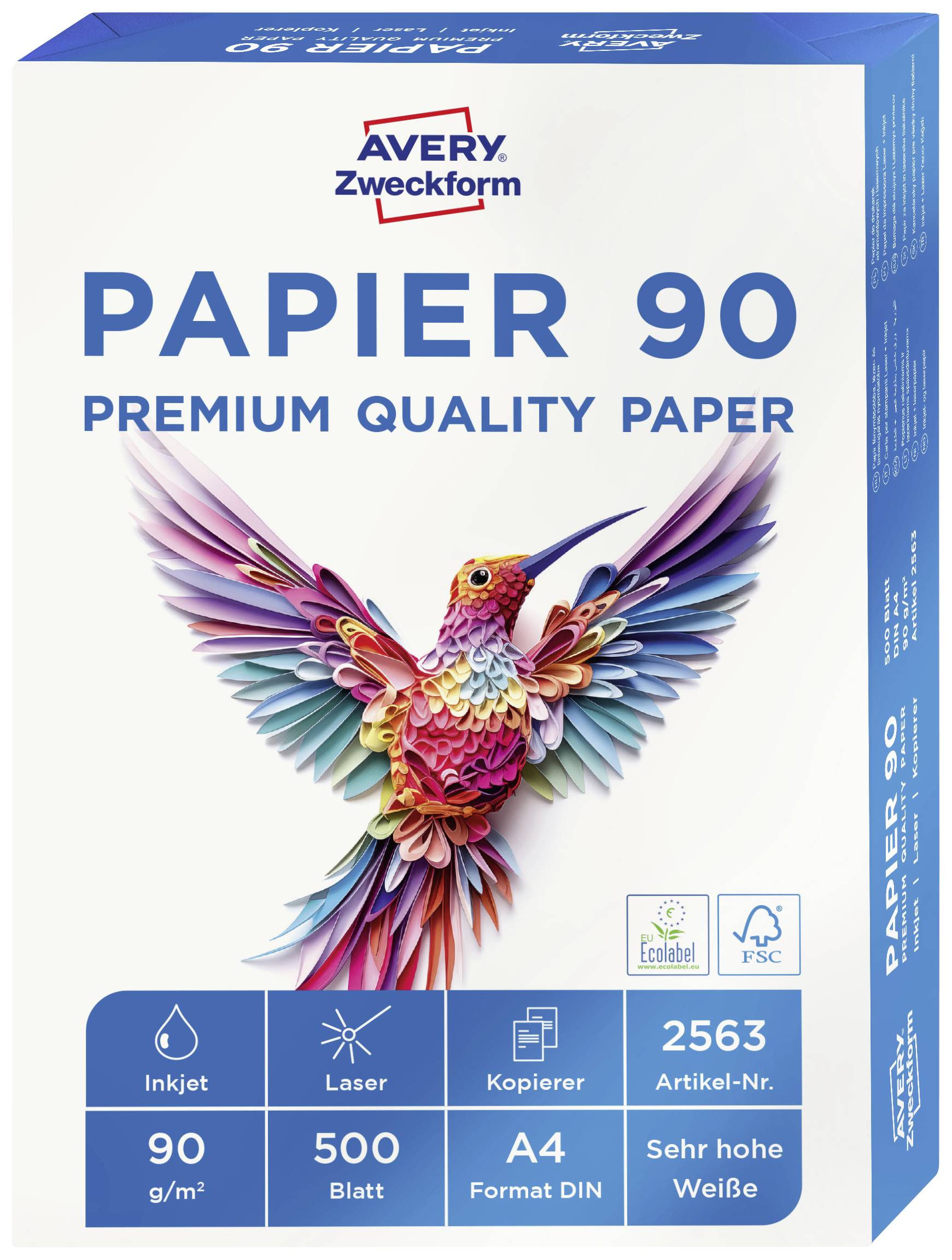 Packaging of an Avery Zweckform paper product, 'Paper 90', suitable for inkjet, laser, and copier; 500 sheets A4, 90 gsm.