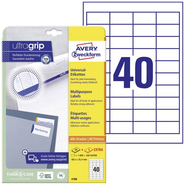 Avery-Zweckform 4780 All-purpose labels 48.5 x 25.4 mm Paper White 1200 pc(s) Permanent adhesive Inkjet printer, Laser printer, Laser, colour, Copier, Colour copier, Manual labeling