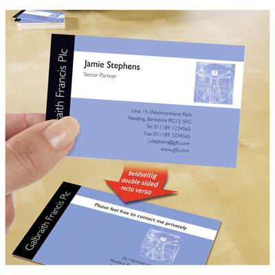 Business card with two sides: front 'Jamie Stephens, Senior Partner' and contact details; arrow 'double-sided / double sided / recto verso' points to the reverse.