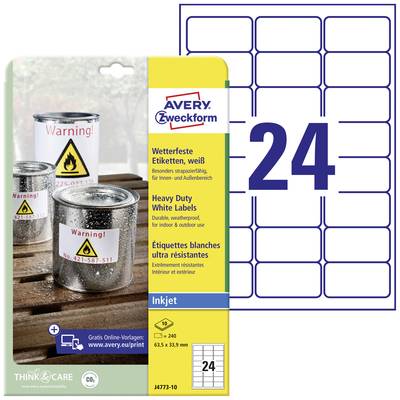 'Three aluminium cans with yellow warning stickers and a red flame symbol. Beside them an Avery Zweckform label package with 24 labels.'