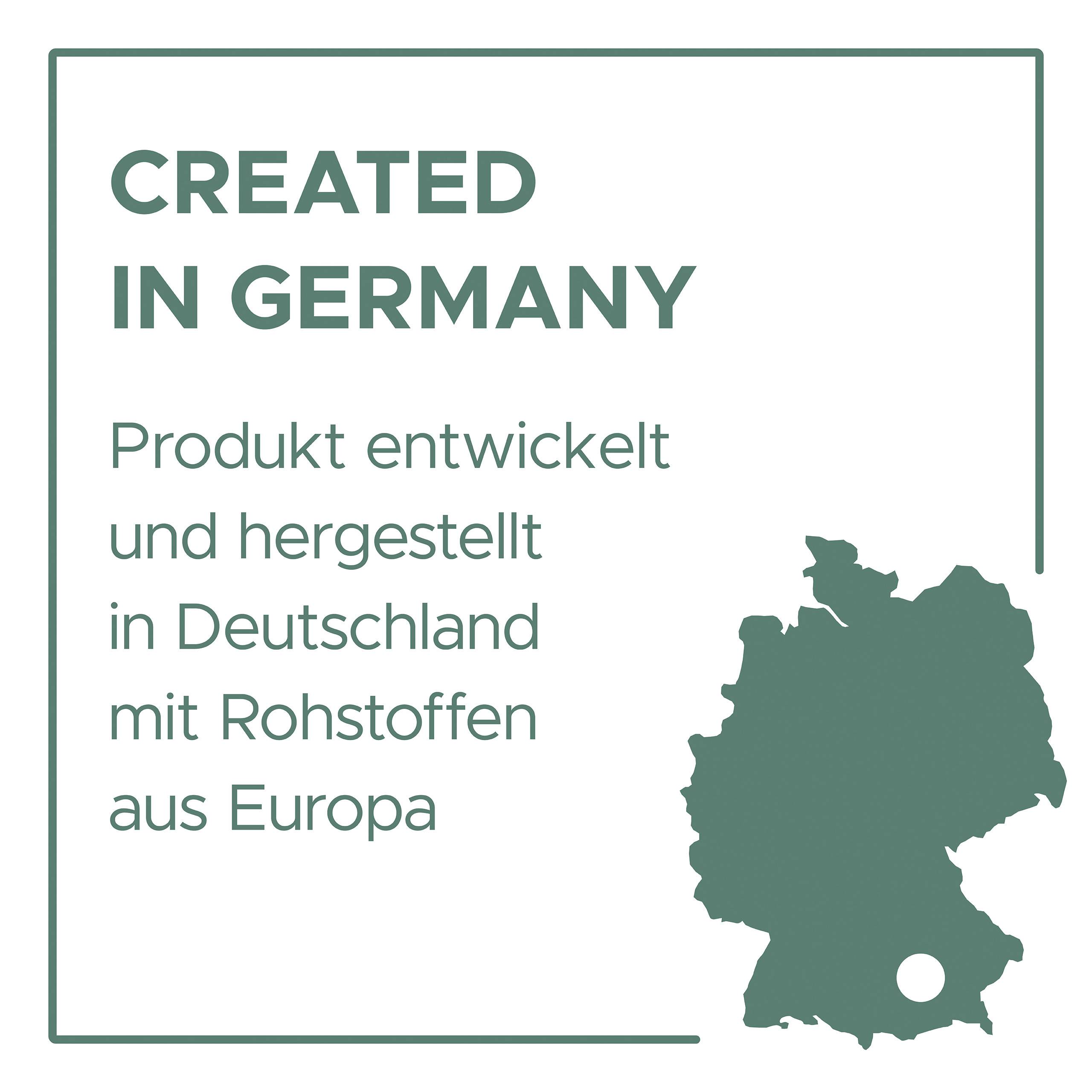 'CREATED IN GERMANY. Product developed and manufactured in Germany using raw materials from Europe.' Side map of Germany.<br><br>Note: I've translated this to British English, maintaining the original meaning and structure while using natural phrasing.
