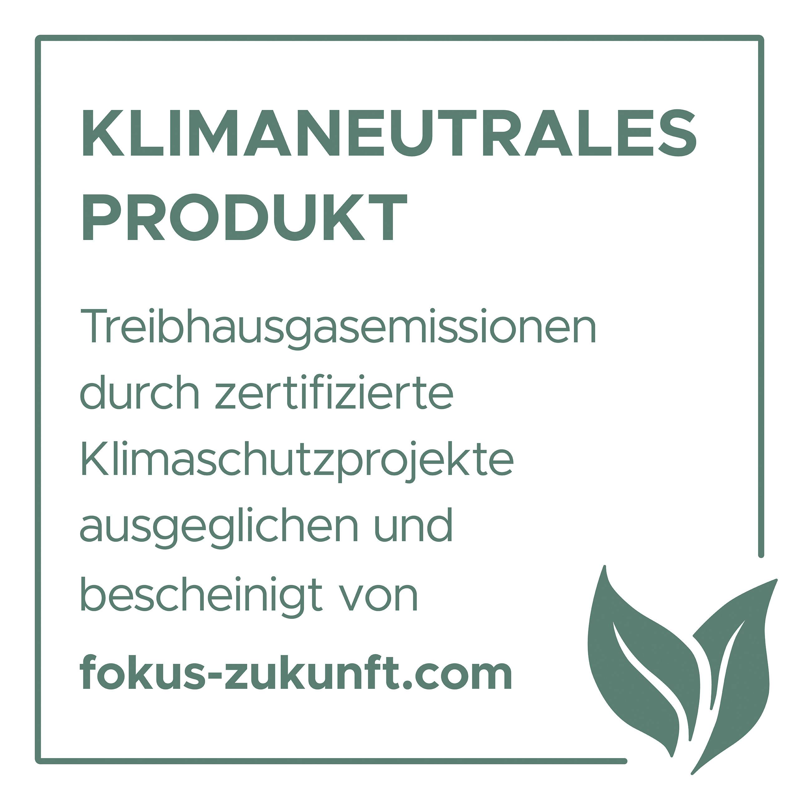 White card with green text 'Climate Neutral Product'. Emissions offset through climate protection projects, certified by fokus-zukunft.com.