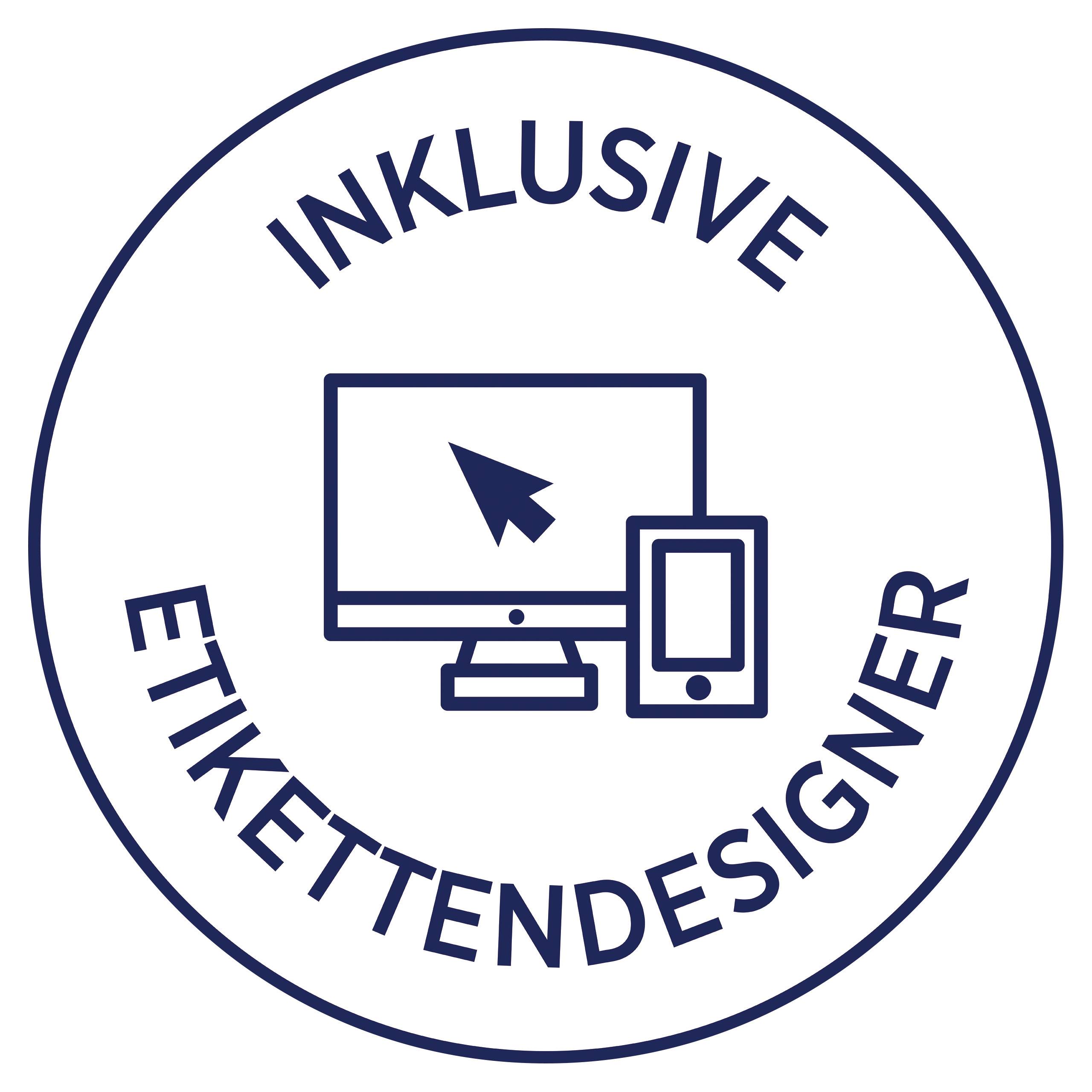 A round sticker with the inscription 'Inclusive Label Designer' shows symbols of a computer screen and a smartphone.