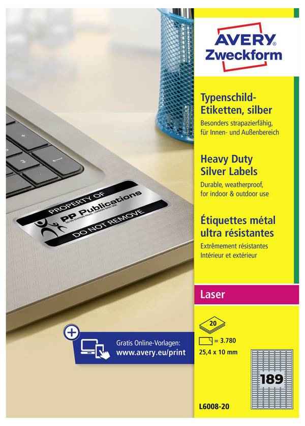 Avery-Zweckform L6008-20 Nameplates 25.4 x 10 mm Polyester film Silver 3780 pc(s) Permanent adhesive Laser printer, Copier, Manual labeling