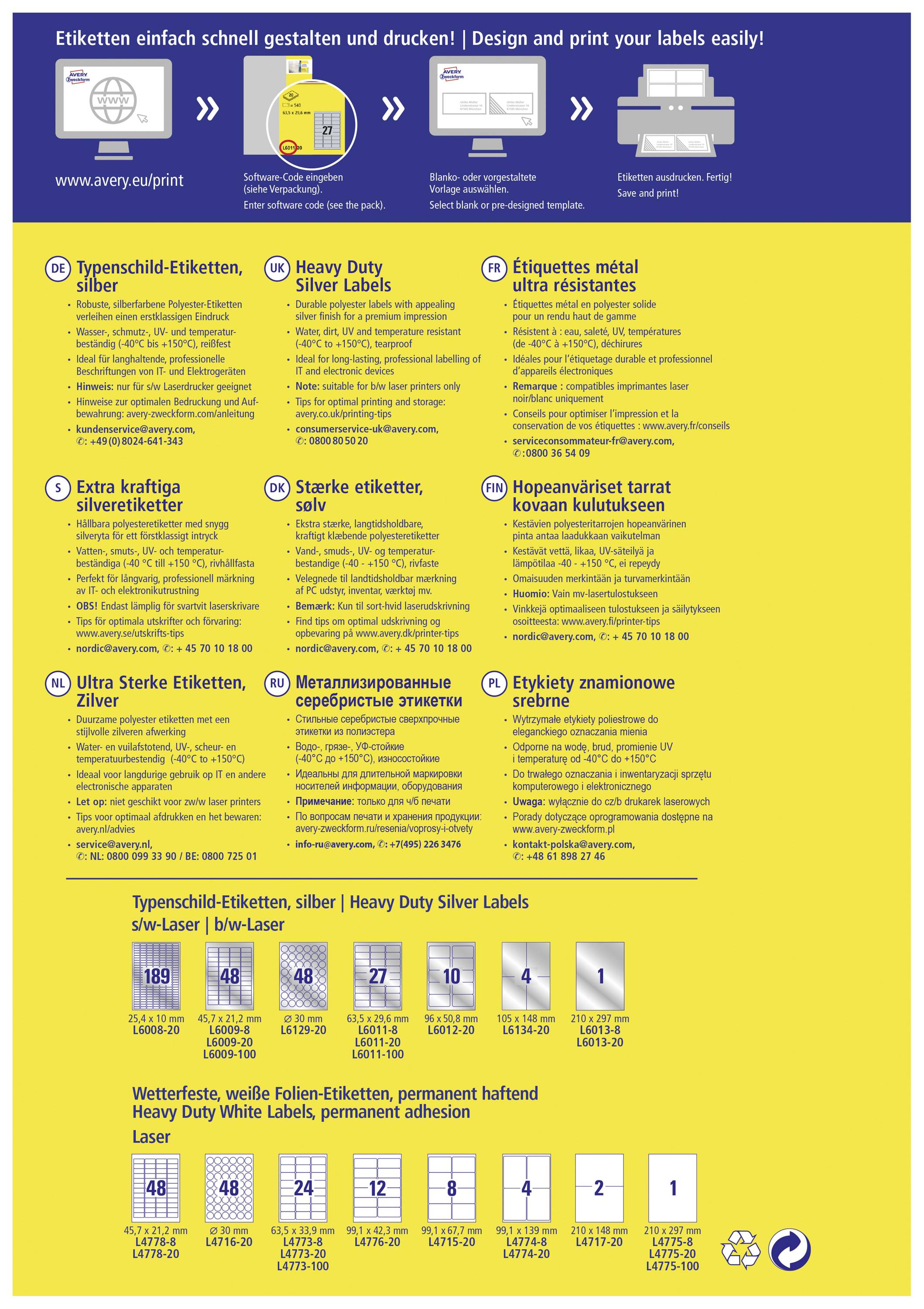 'Design and Print Labels Quickly and Easily!' in Various Languages. Product Lines with Label Types and Features.