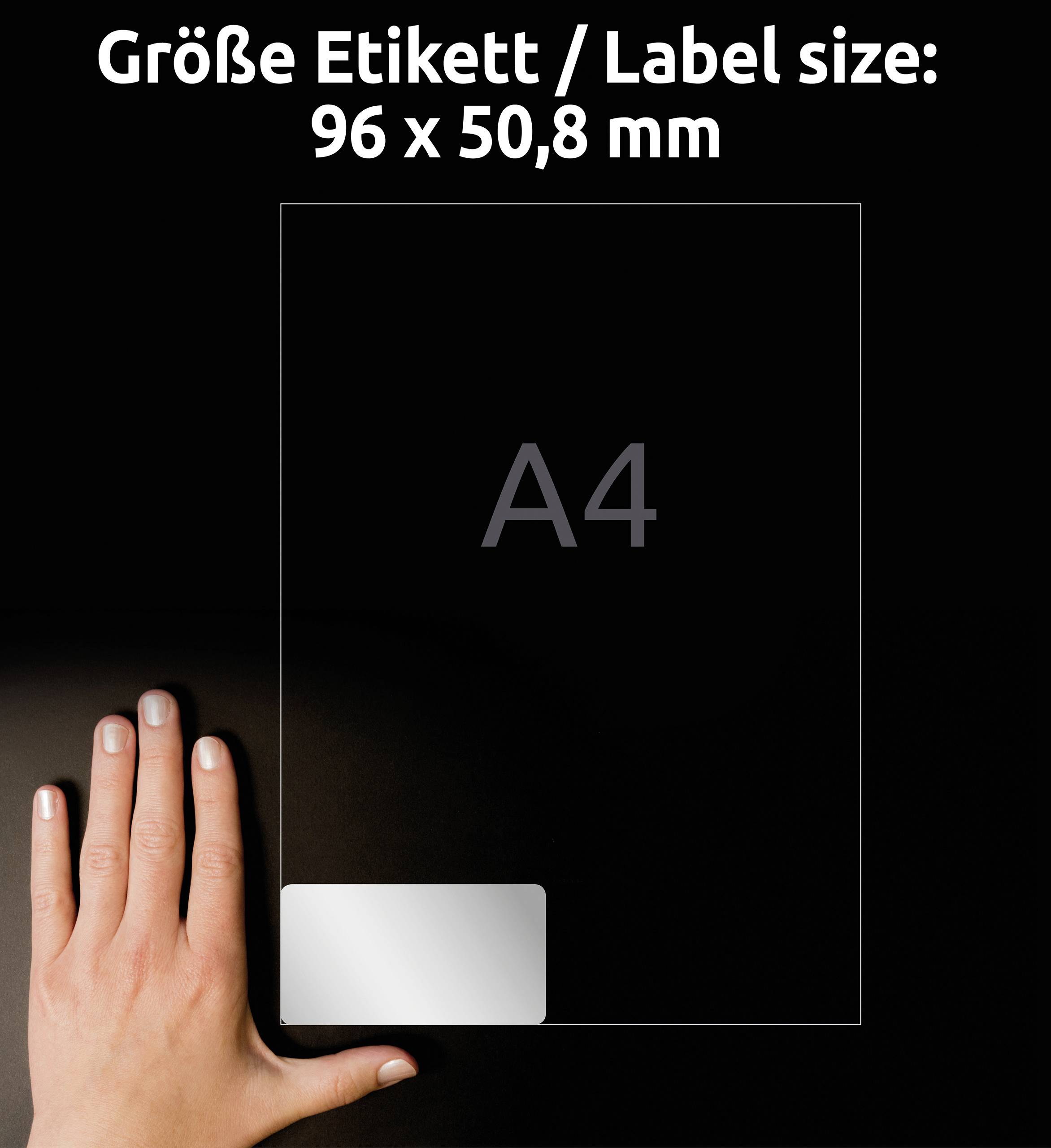 An A4 sheet with a hand beside it shows the size of a label (96 x 50.8 mm) for comparison.