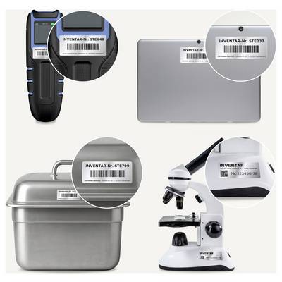 Collage with inventoried equipment: barcode labels on handheld scanner, laptop, container and microscope; examples of equipment labelling.