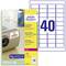 'Avery Zweckform label packaging for robust adhesive labels with 40 labels per sheet, along with a note to allow each laser printer to cool down.'