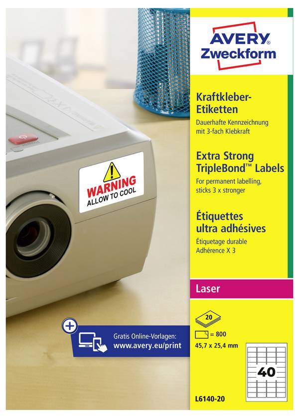 Avery-Zweckform L6140-20 Adhesive labels (extra strong) 45.7 x 25.4 mm Polyester film White 800 pc(s) Permanent adhesive Laser, colour, Laser printer, Colour copier, Copier, Manual labeling