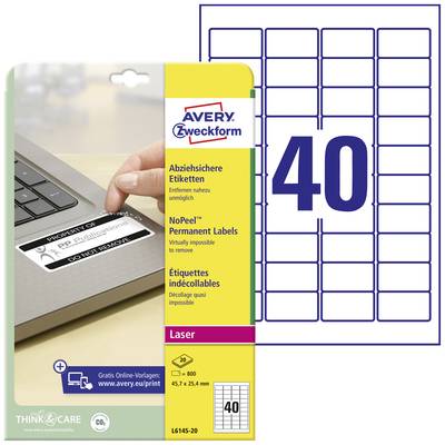 Hand peeling an Avery Zweckform label from a laptop. Packaging text: 'Removable Labels', 'NoPeel Permanent Labels', '40 Labels'.