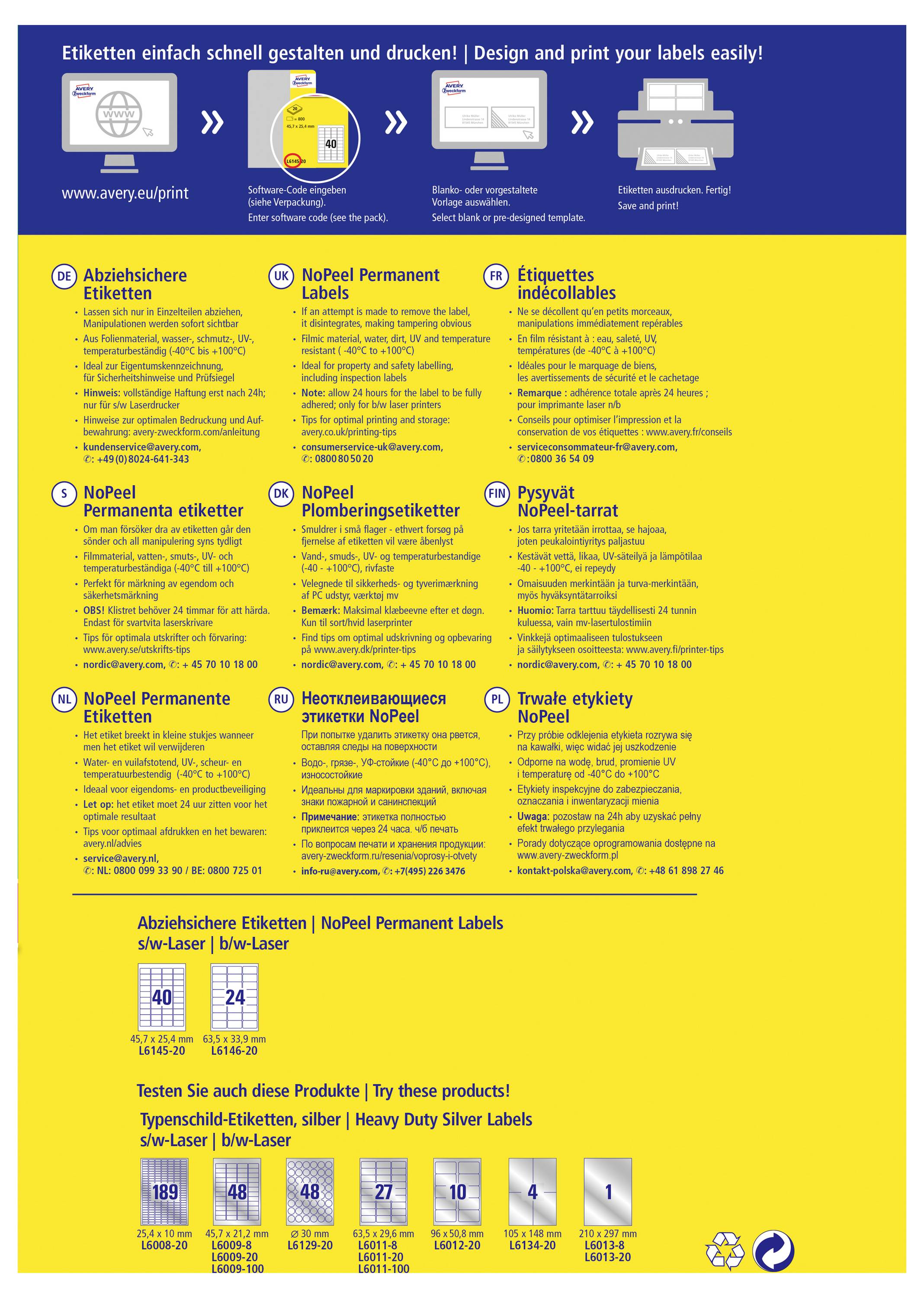 Multilingual product flyer for 'NoPeel' adhesive labels, showing the labeling process, label types, and sample label sizes with small product images.