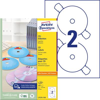 Avery-Zweckform L7676-100 CD labels Ø 117 mm Paper White 200 pc(s) Permanent adhesive Inkjet printer, Laser printer, Las