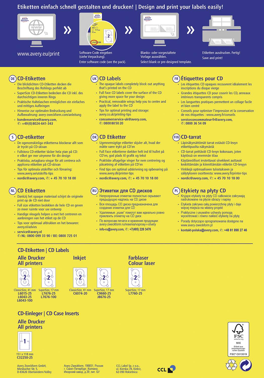 Avery-Zweckform L7676-100 CD labels Ø 117 mm Paper White 200 pc(s) Permanent adhesive Inkjet printer, Laser printer, Las-1