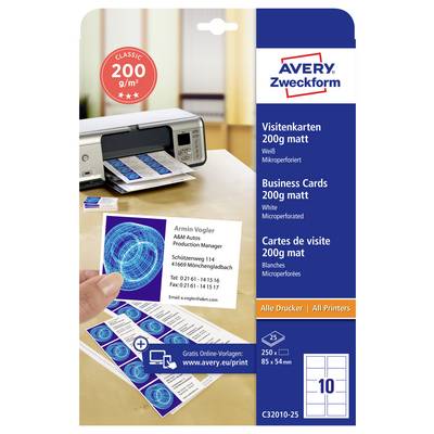 Avery Zweckform Business Cards 200 g/m² matt, white, microperforated; image shows printer and pre-cut cards in 85 x 54 mm format.