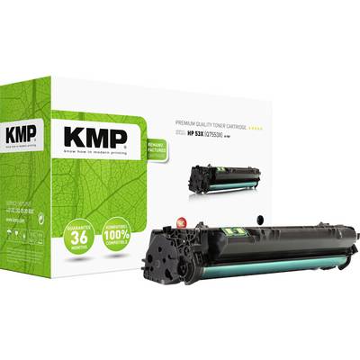 A remanufactured toner cartridge for HP 53X (Q7553X) by KMP, with 36 months' guarantee, shown on a box with a green leaf design.