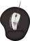 A wired mouse is lying on an ergonomic, black mousemat with a wrist rest.