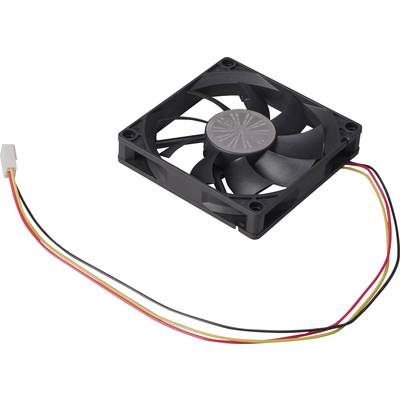 'A black computer fan with three cables in the colours black, red and yellow, used for cooling computer components.'