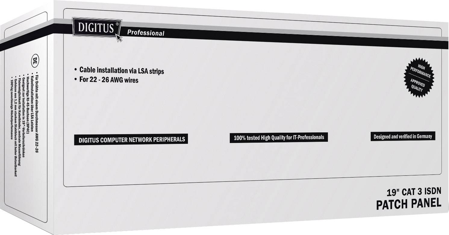 A white packaging for a 19" CAT 3 ISDN Patch Panel. Contains details regarding installation and cable compatibility.