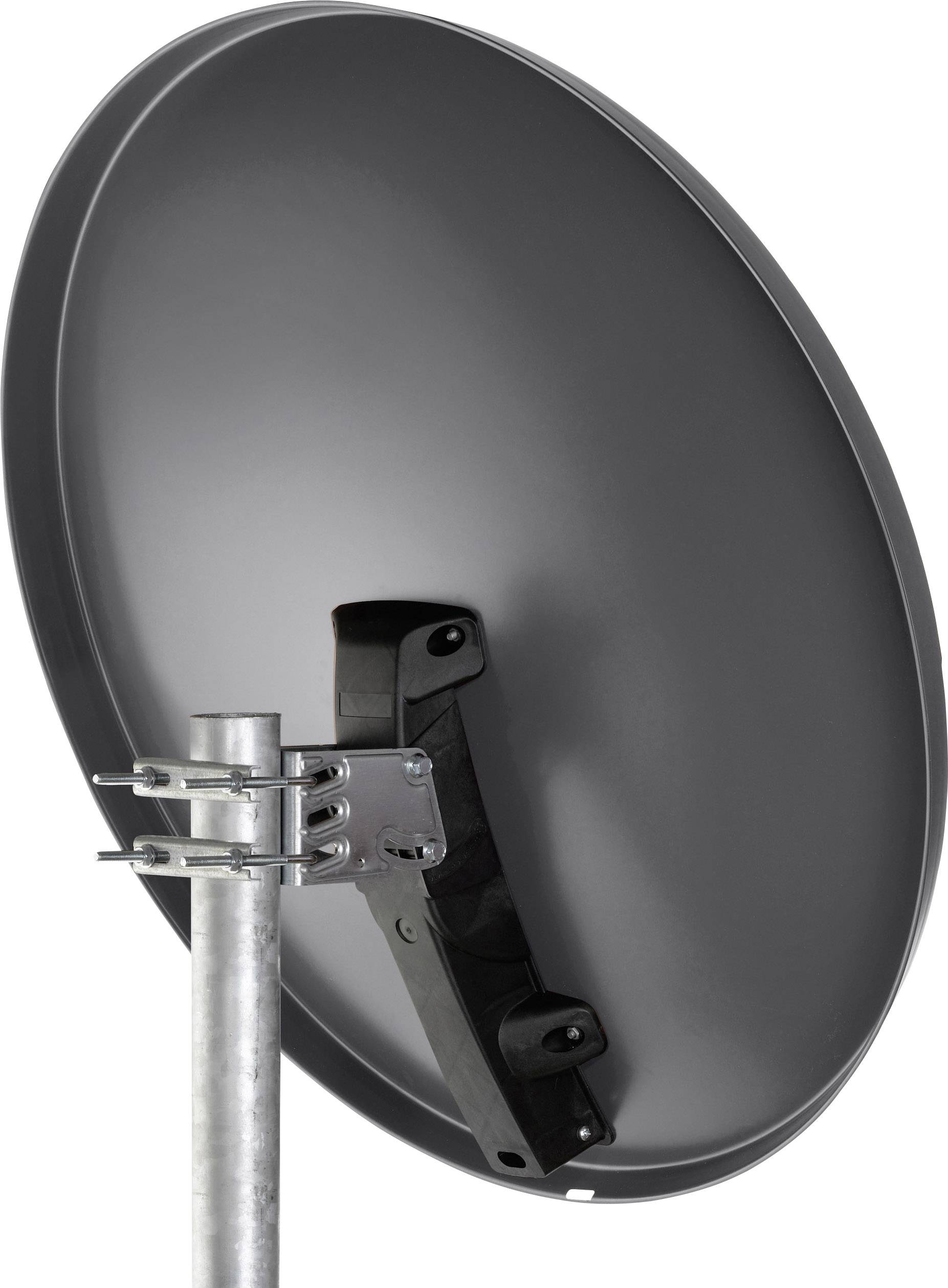 Satellite dish mounted on a pole, pointing upwards and ready to receive signals in an outdoor environment.