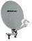 Satellite dish labeled 'MEGASAT', mounted on an adjustable bracket, featuring a dual LNB for signal reception, commonly used for television broadcasts.