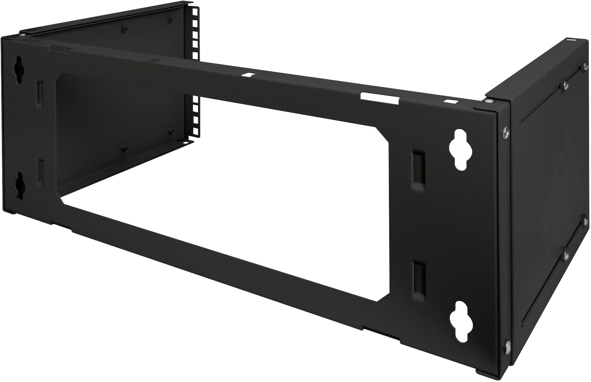Metal mounting bracket with rectangular cut-out, suitable for wall or cabinet mounting of electronic devices. Black finish.