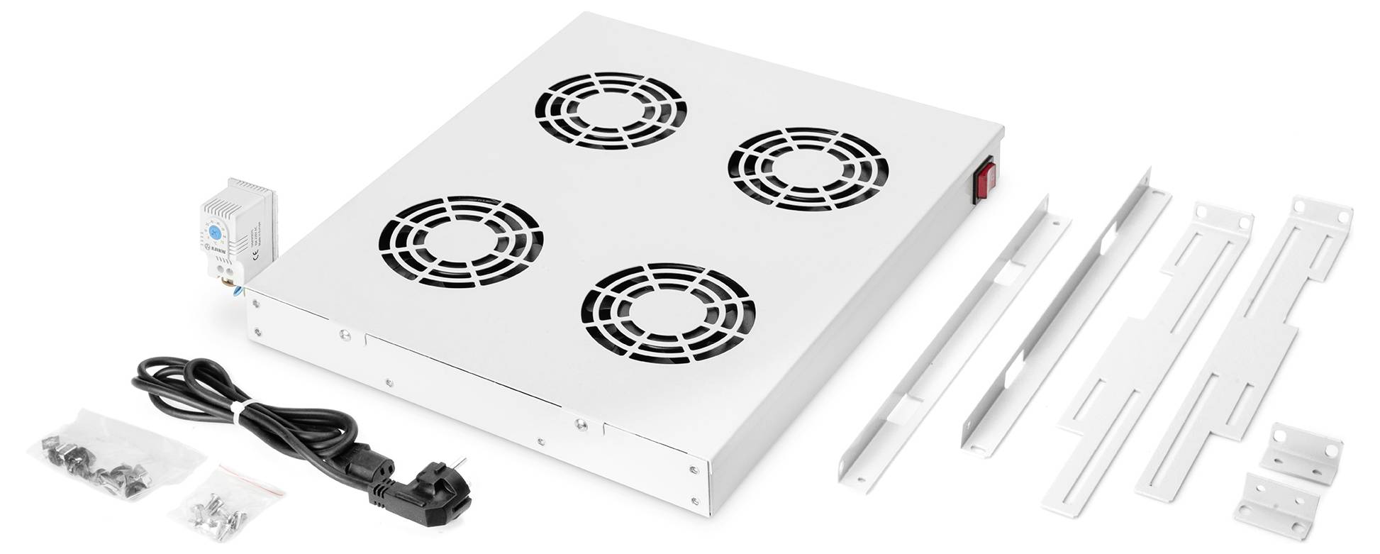 'White ventilated server rack cooling fan tray, with power cord, controller, and mounting hardware on a white surface.'