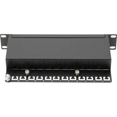 Black network patch panel with numbered ports 1 to 12. Primarily used for cable management and connections in IT racks.
