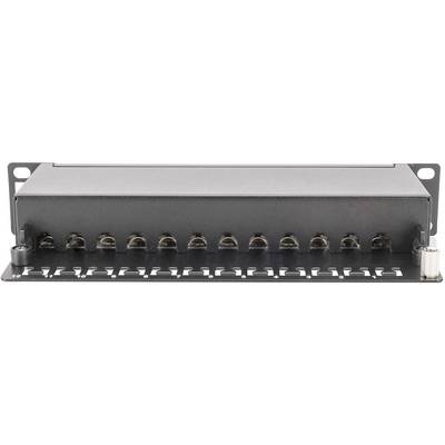 Black rackmount patch panel with 12 RJ45 network ports in a row and numbered ports underneath.