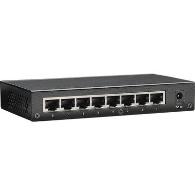 'A black Ethernet switch with eight ports, numbered from 1 to 8. On the right is a connection for DC 5V power supply.'