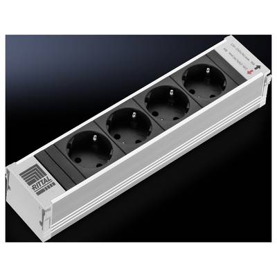 Four-way socket strip with Rittal logo on the left. Housing in silver, front panel in black. Text on the right reads: '240V 16A/50-60Hz MAX'.