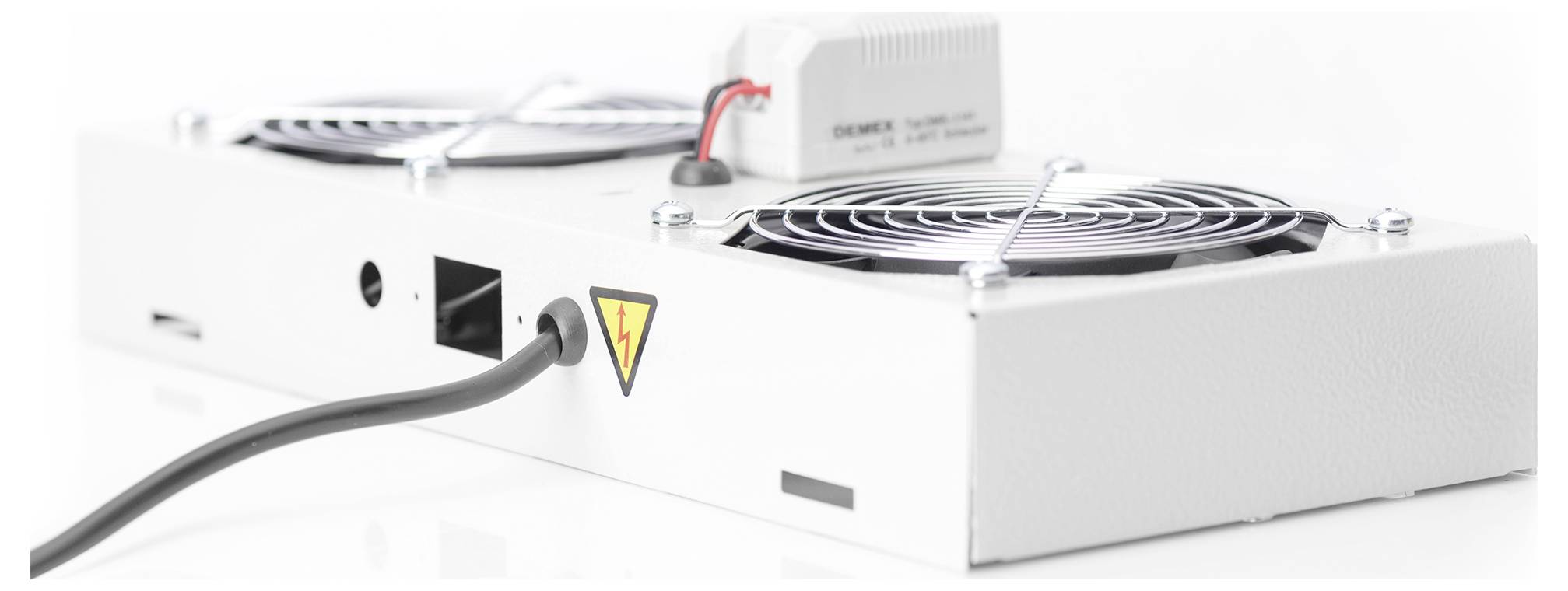 A cooling unit with two fans and a power cable connected, featuring a caution symbol for electrical hazards.