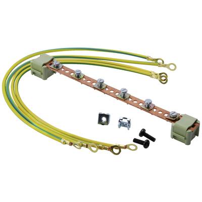 'Earth bar with multiple yellow-green cables and mounting screws, used for electrical earthing of devices.'