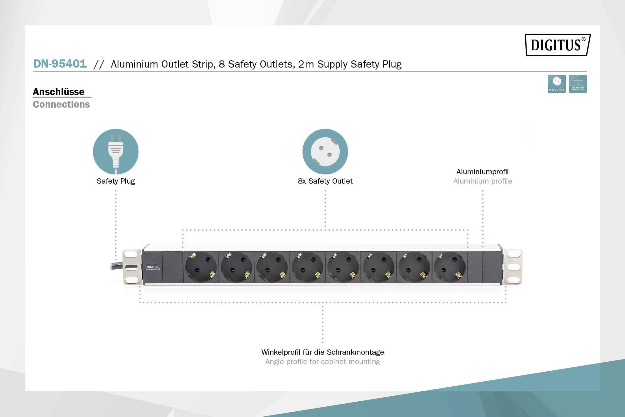Digitus DN-95401 19 inch Server rack cabinet power strip 1 U PG socket incl. 2 steel brackets