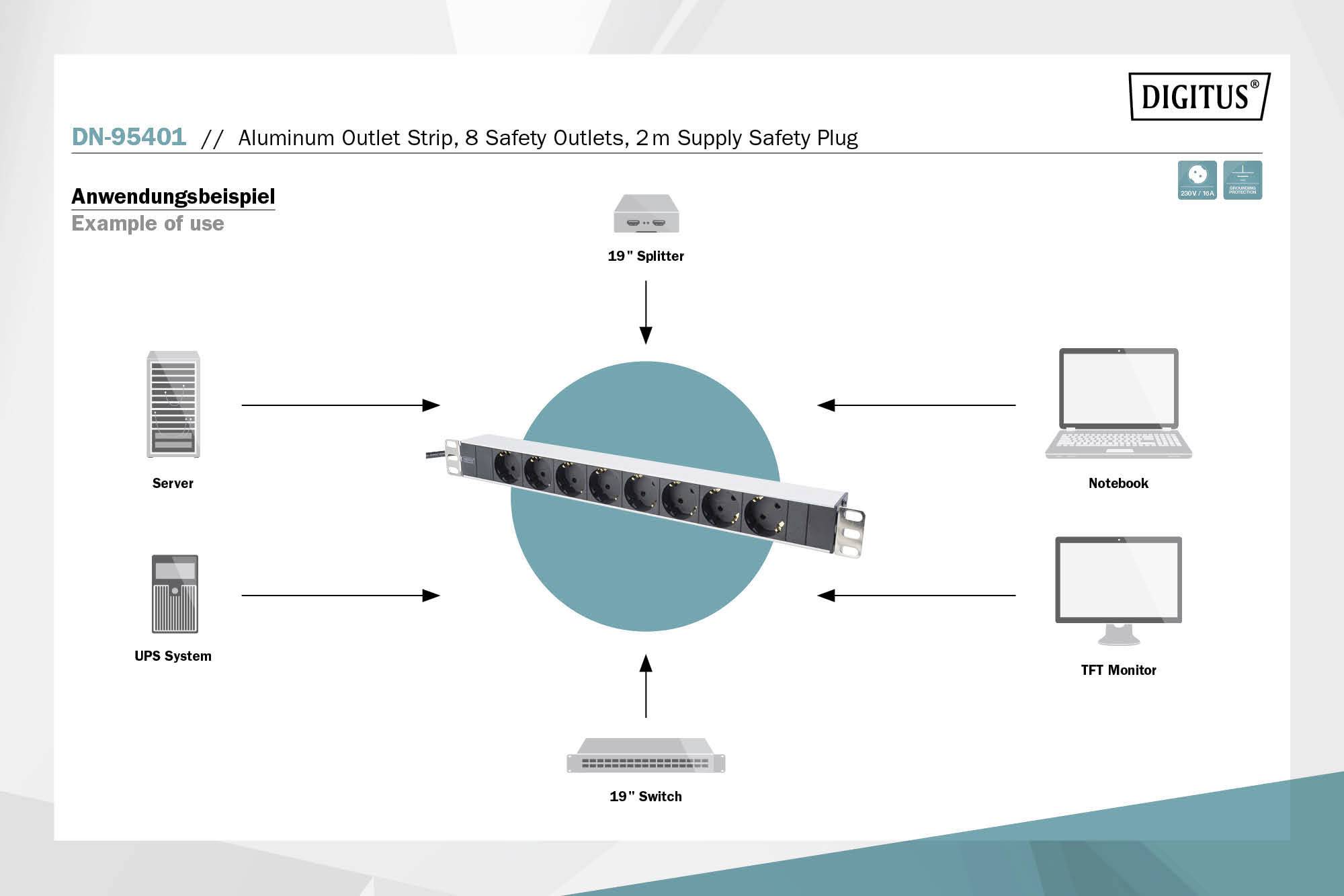 Digitus DN-95401 19 inch Server rack cabinet power strip 1 U PG socket incl. 2 steel brackets