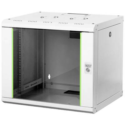 White, empty server rack cabinet with a glass door. Sides are made of metal, front with a green accent. A lock is fitted to the door.