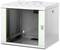 White, empty server rack cabinet with a glass door. Sides are made of metal, front with a green accent. A lock is fitted to the door.