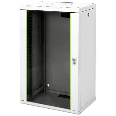 A white, empty server rack cabinet with a glass door and green trim stands in an empty room.