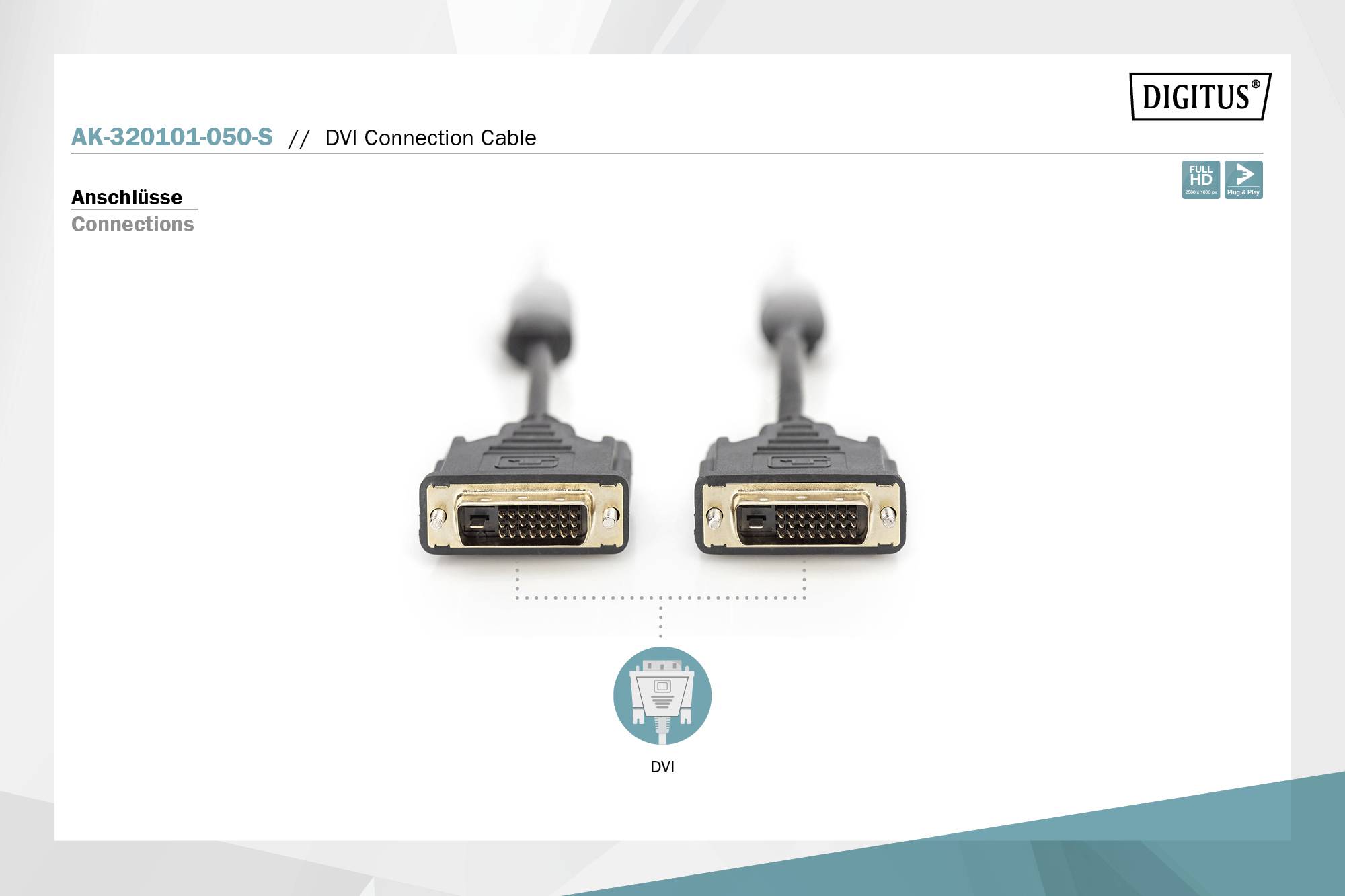 Two DVI connection cables with gold-coloured connectors side by side, labelled as 'DVI Connections'. Top edge shows product details.